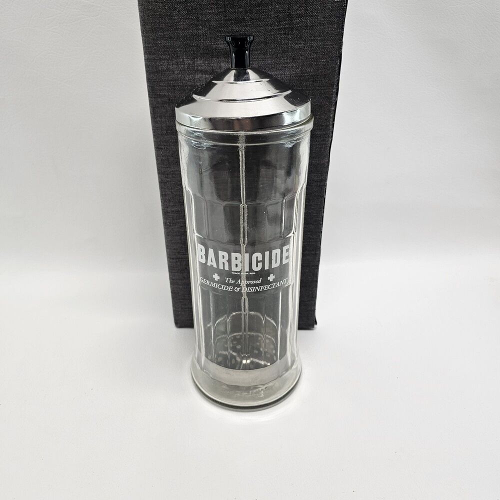 Vtg Barbicide Glass Jar Barber Salon Disinfectant Container Metal Lid Knob 11.5"